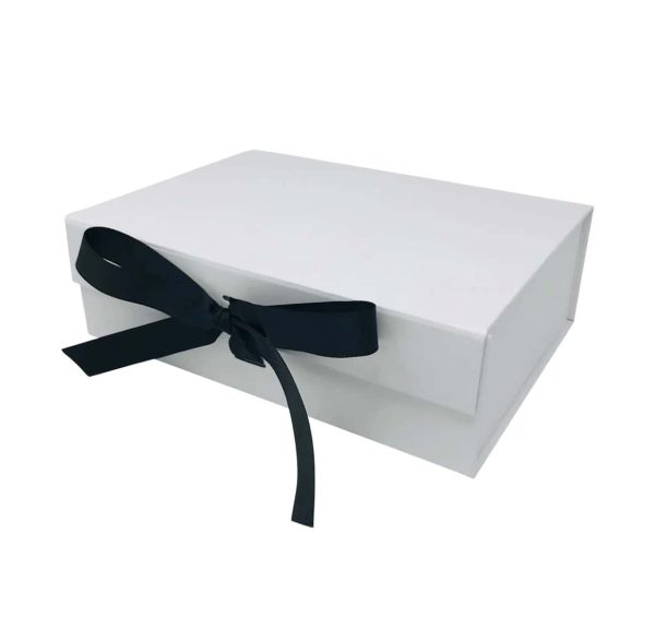 white magnetic closing gift box with black ribbon